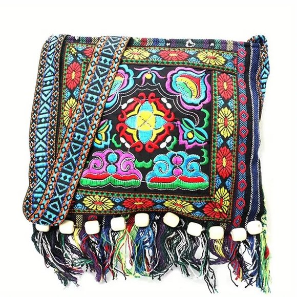 Large Boho Floral Woven Embroidered Tassel Decor Crossbody Shoulder Bag Purse … - Picture 1 of 7